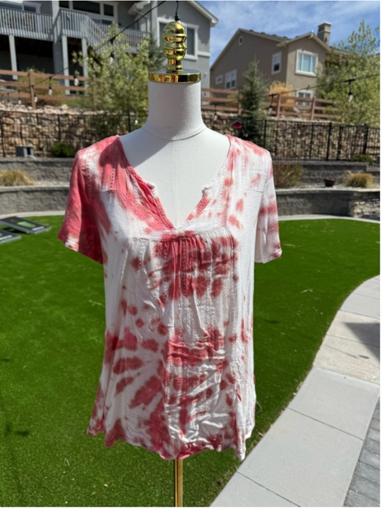 Knox Rose Tops - Knox Rose Tie Dye Boho Top M | Red White Short Sleeve Blouse | Flowy Casual